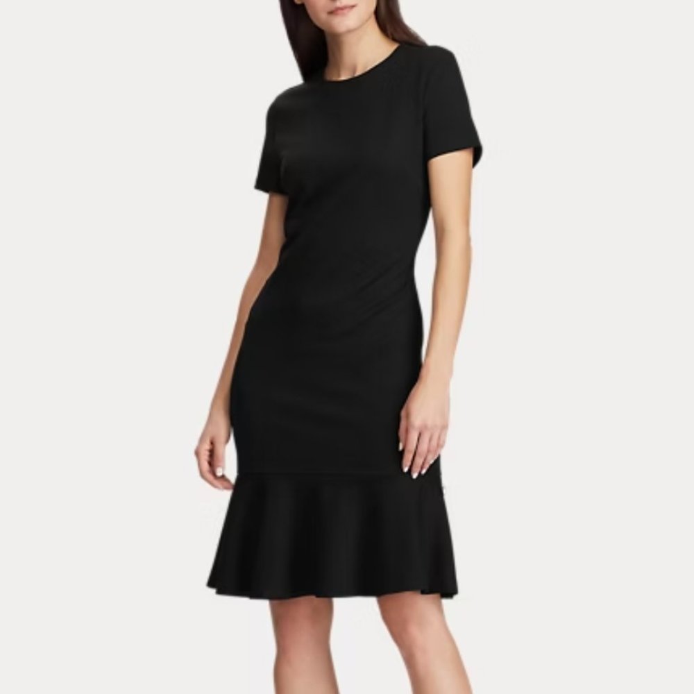 Ralph Lauren Black Flounce Gold Button-Trim Ponte Dress